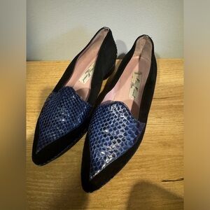 Maud Frizon Miss Maud Sz 7.5 Black And Blue‎ Loafers Snake Print And Trim France